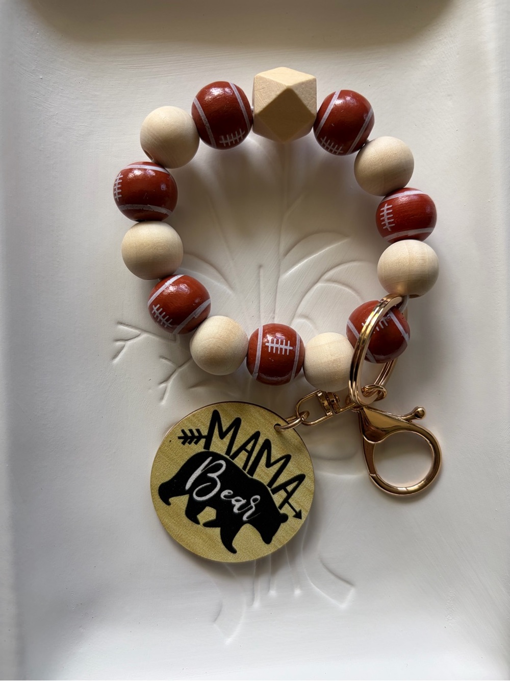Mama Bear Football Bead Keychain Bracelet - Brown & Natural